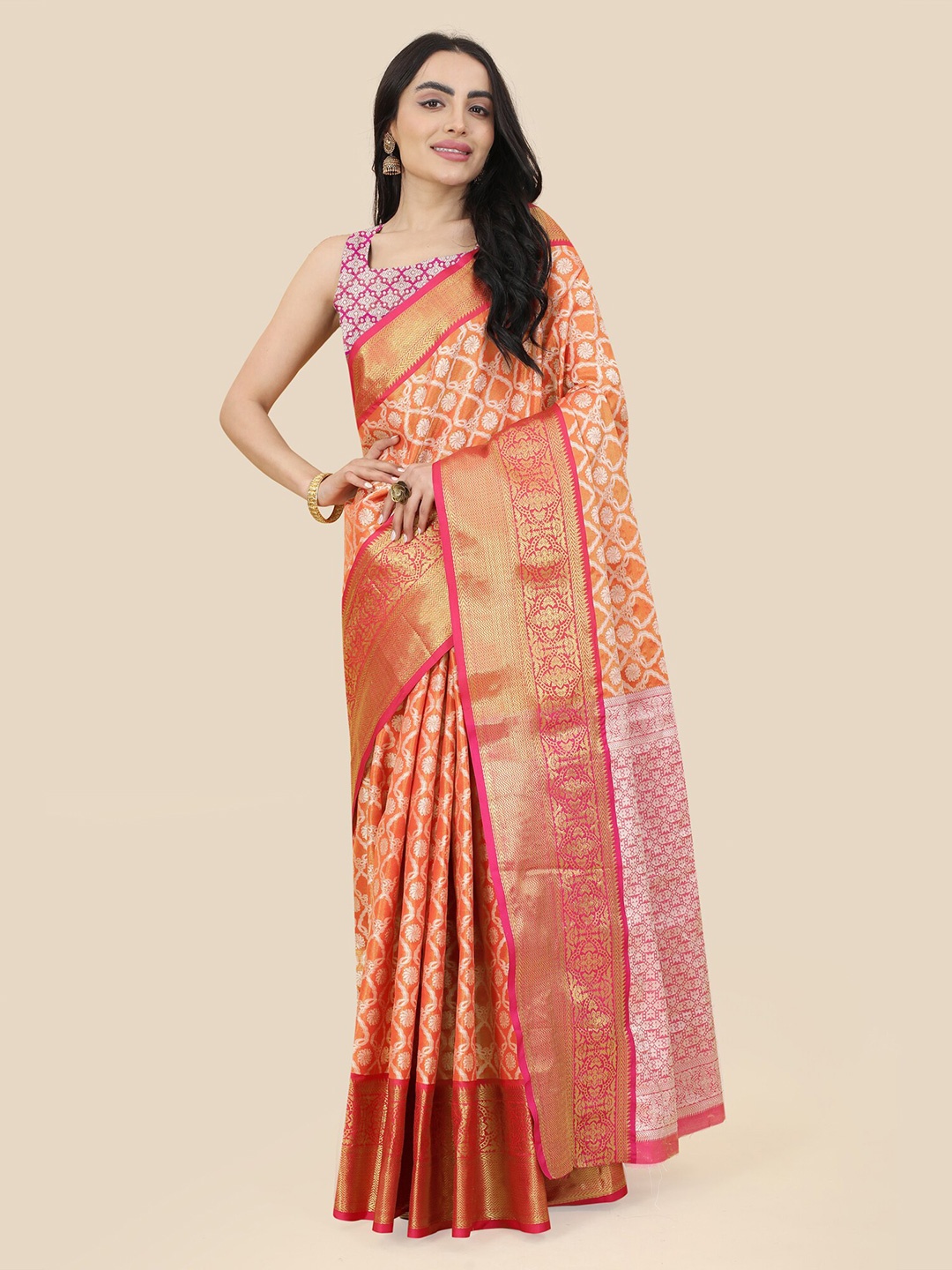 

Royal Rajgharana Saree Floral Motif Woven Design Zari Banarasi Sarees, Orange