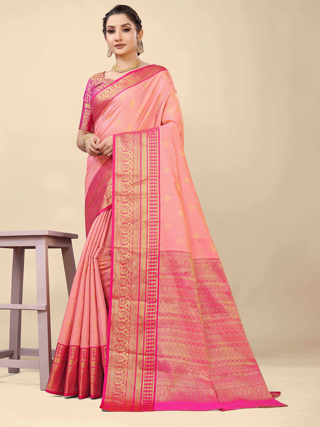 

Royal Rajgharana Saree Ethnic Motifs Woven Design Zari Banarasi Sarees, Peach