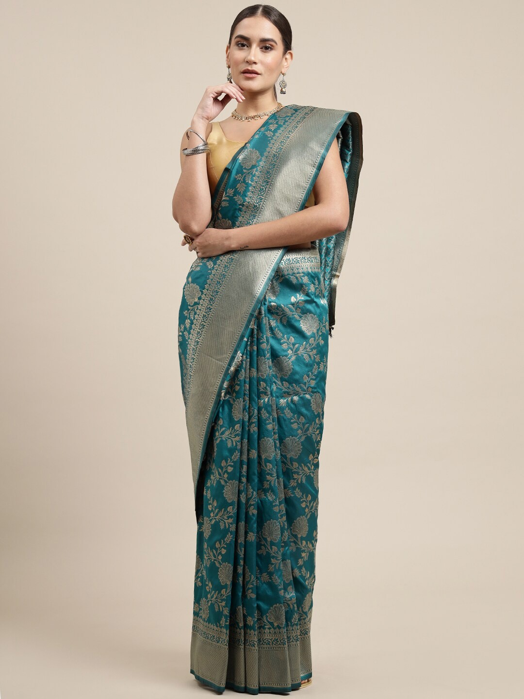 

Royal Rajgharana Saree Floral Motifs Woven Design Zari Banarasi Sarees, Teal
