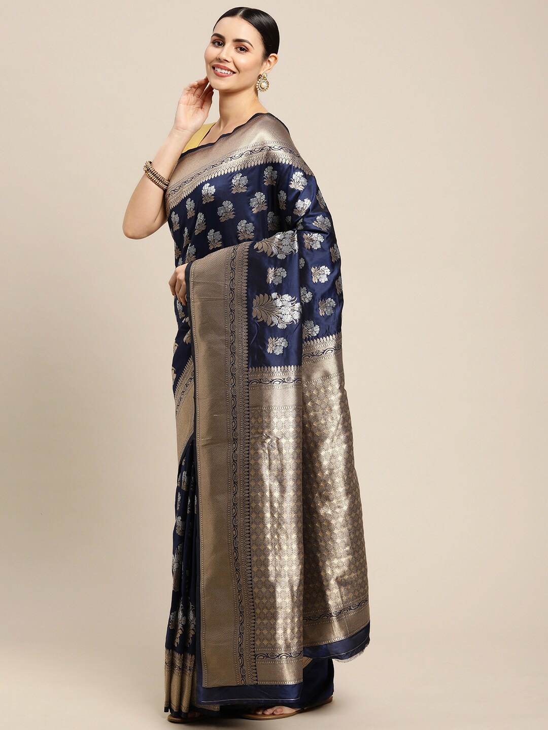 

Royal Rajgharana Saree Floral Woven Design Zari Banarasi Sarees, Navy blue