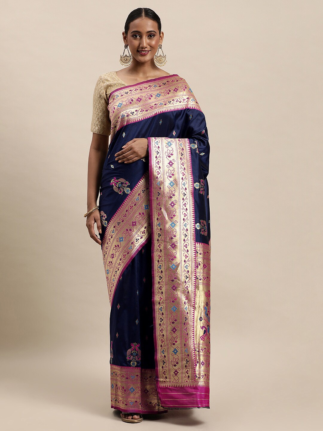 

Royal Rajgharana Saree Ethnic Motif Woven Design Zari Banarasi Sarees, Navy blue