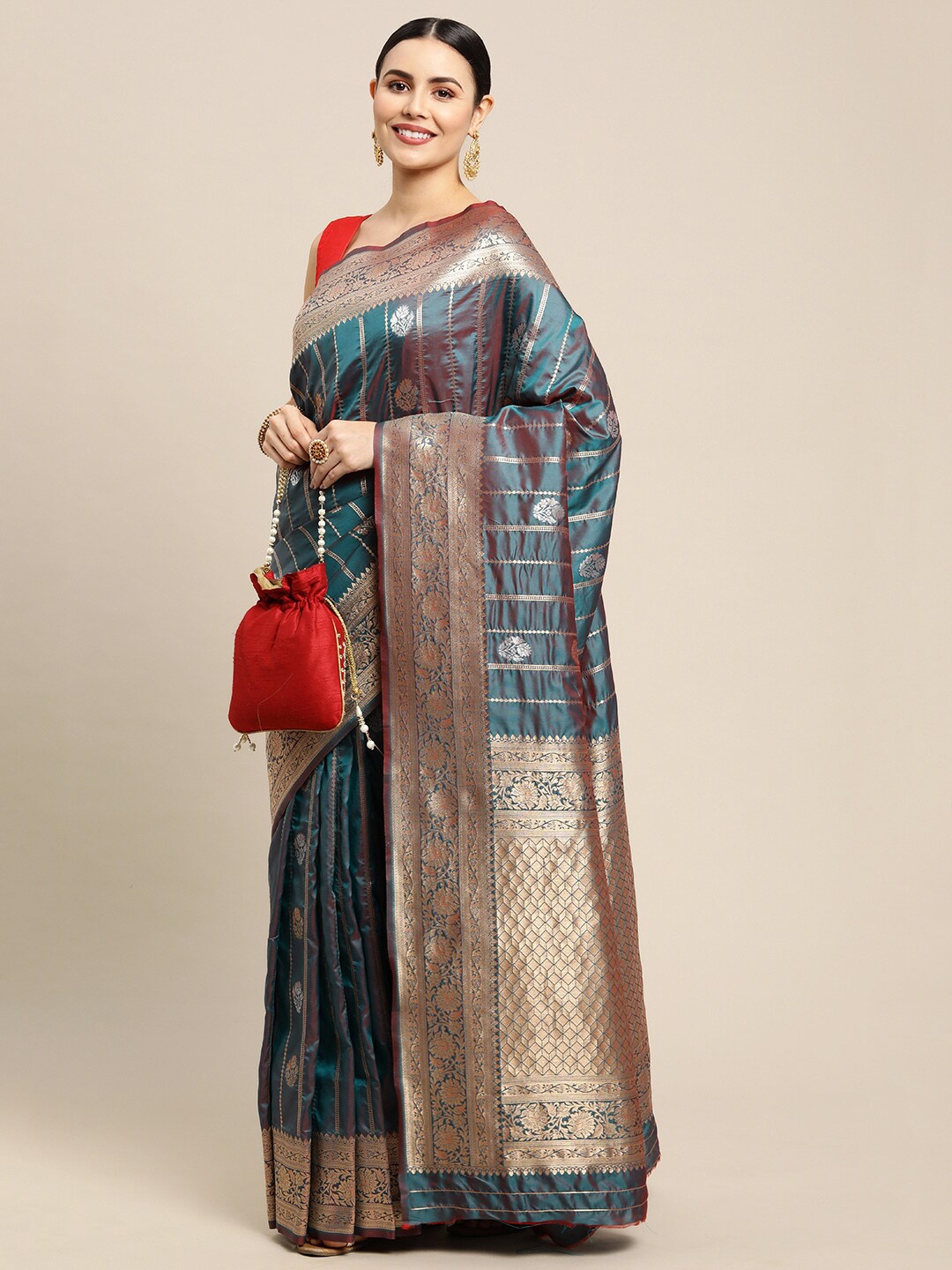 

Royal Rajgharana Saree Ethnic Motif Woven Design Zari Banarasi Sarees, Teal