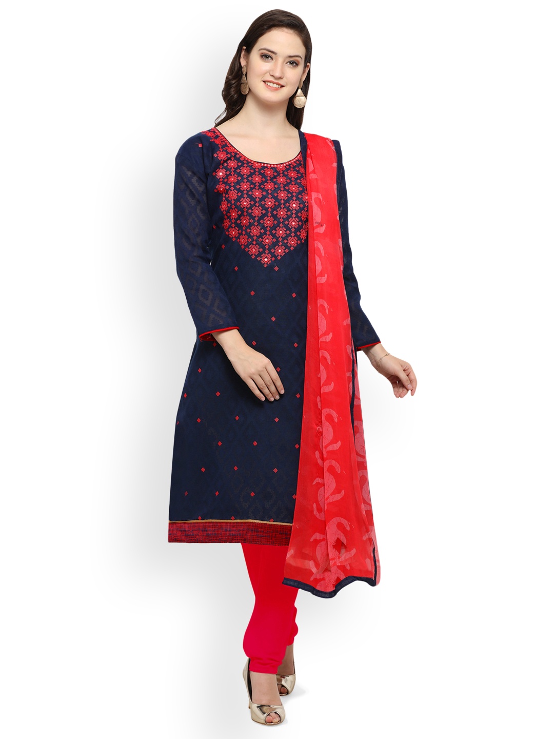 

Saree mall Navy Blue & Red Cotton Blend Unstitched Dress Material