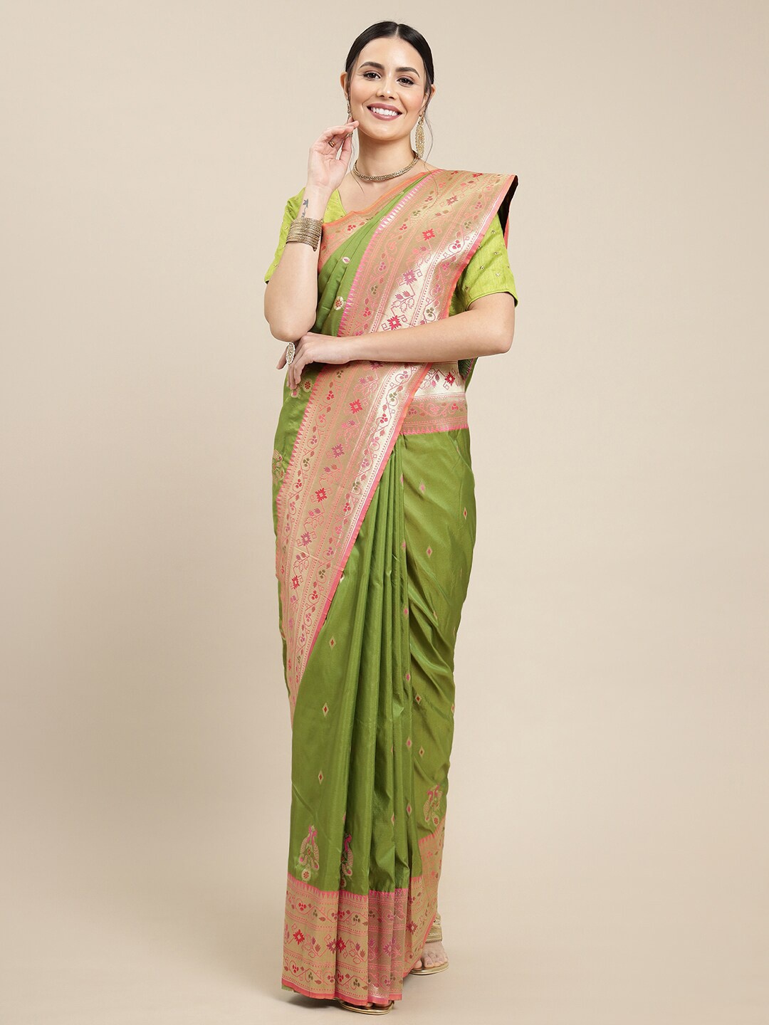 

Royal Rajgharana Saree Ethnic Motifs Woven Design Zari Banarasi Sarees, Green