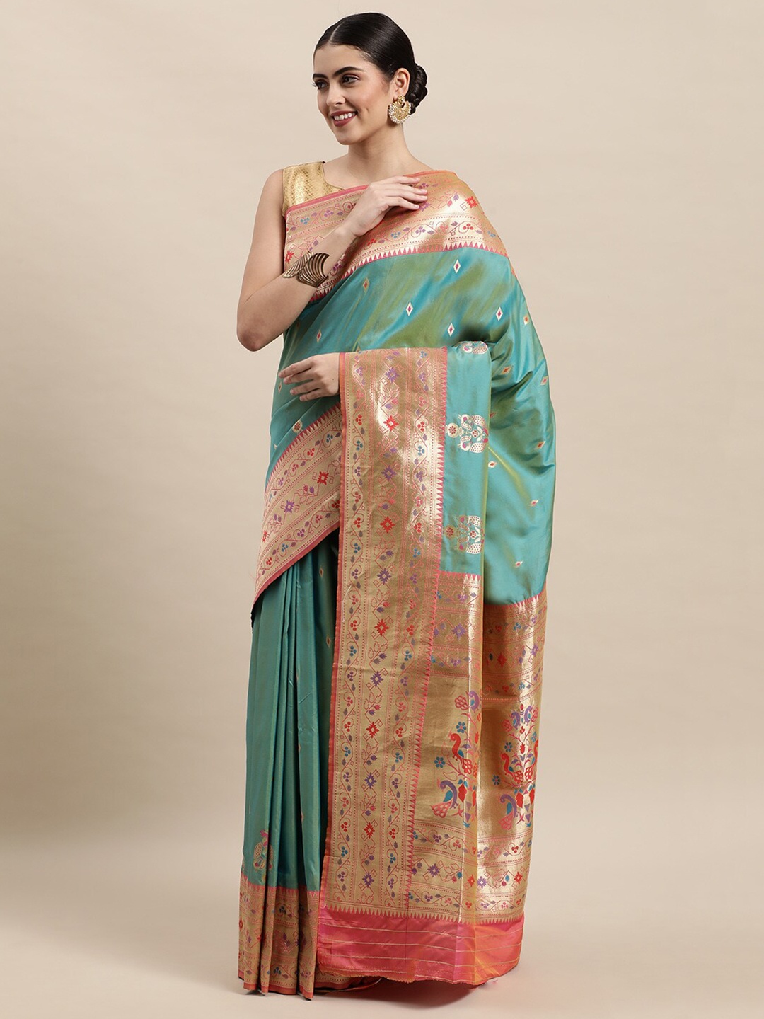 

Royal Rajgharana Saree Ethinic Motifs Zari Banarasi Saree, Sea green