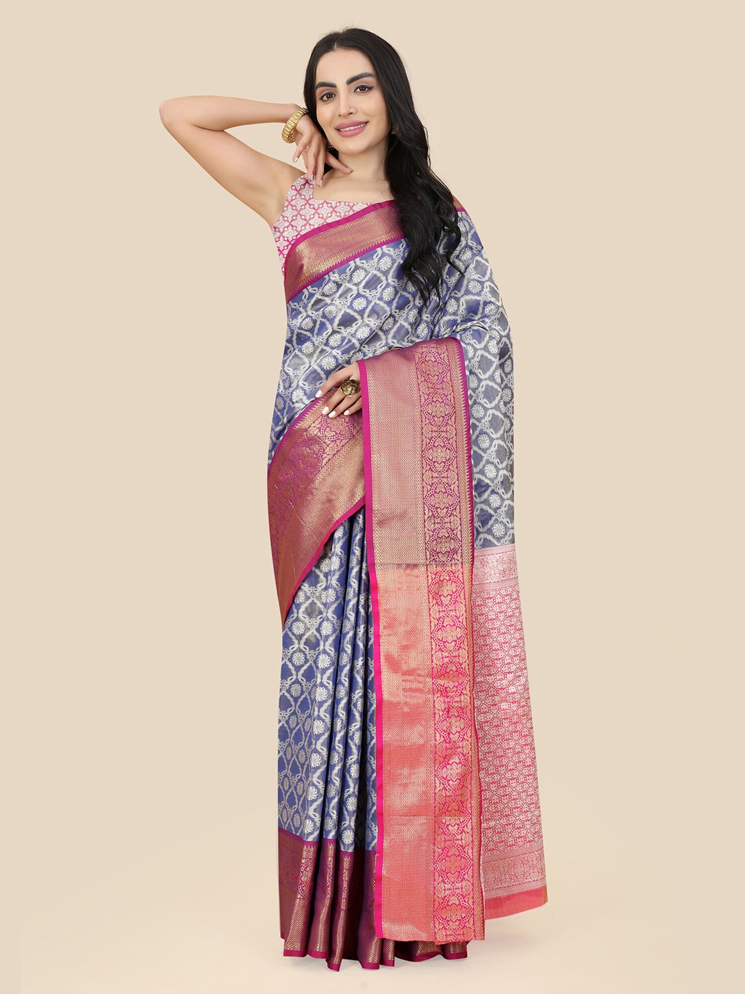 

Royal Rajgharana Saree Floral Motif Woven Design Zari Banarasi Sarees, Blue