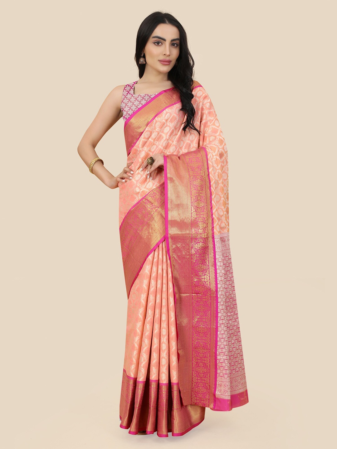 

Royal Rajgharana Saree Woven Design Zari Banarasi Saree, Peach