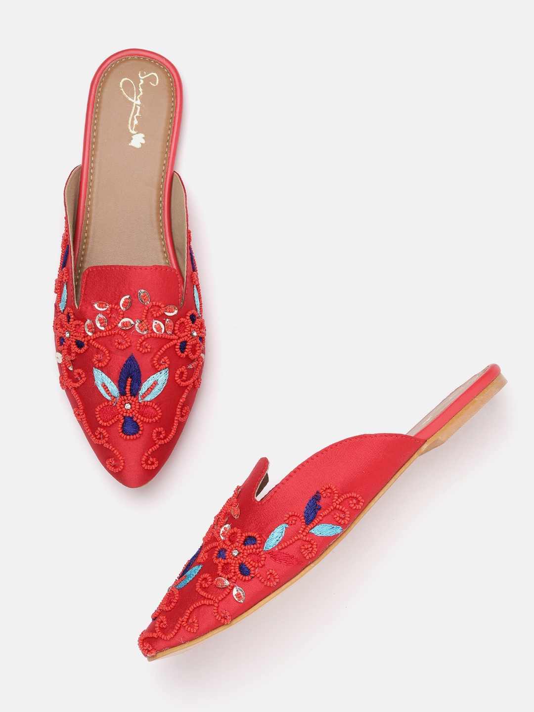 

Sangria Women Embellished Pointed Toe Ethnic Mules, Red
