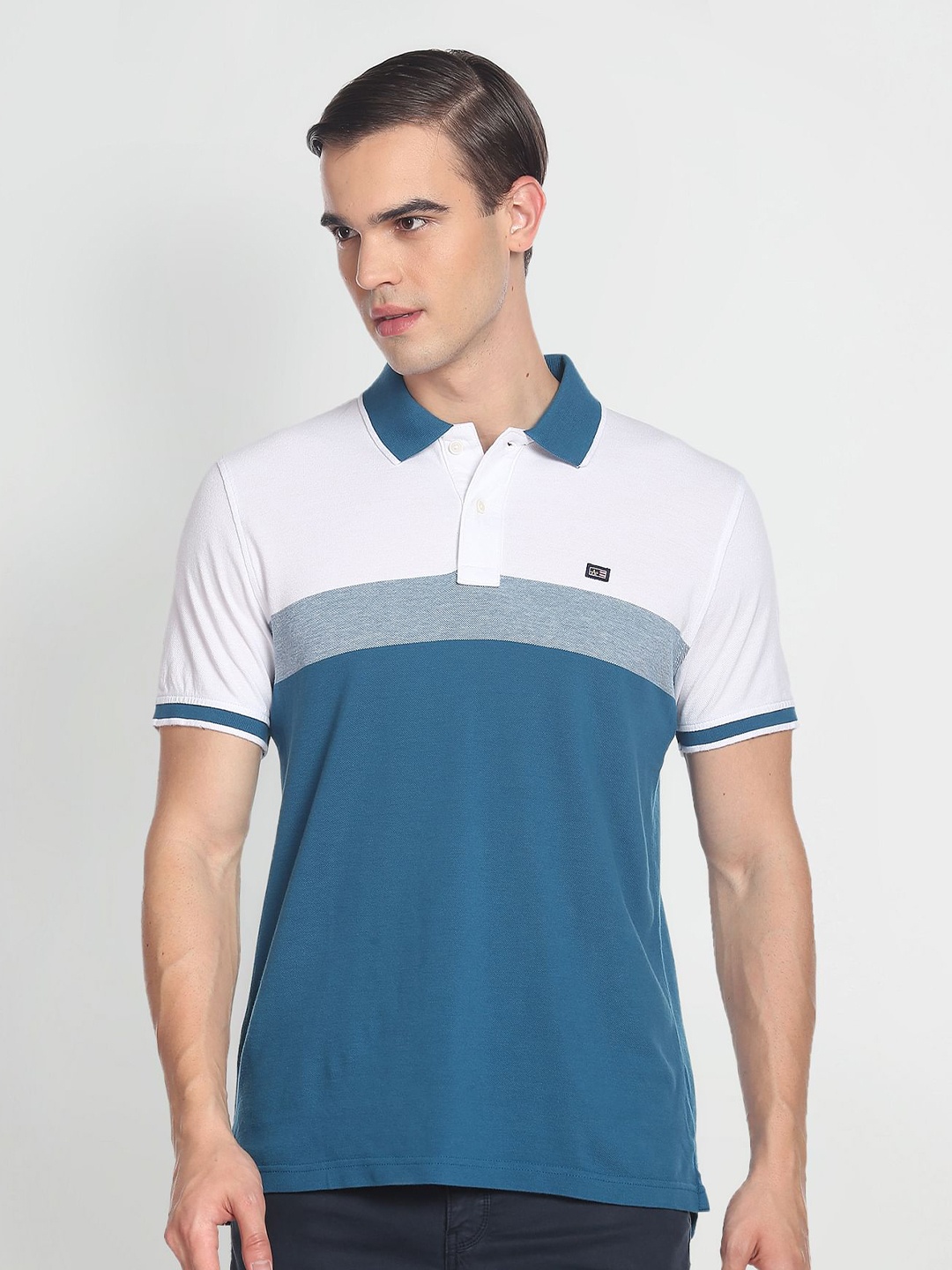 

Arrow Sport Colourblocked Short Sleeve Polo Collar Pure Cotton T-shirt, Blue
