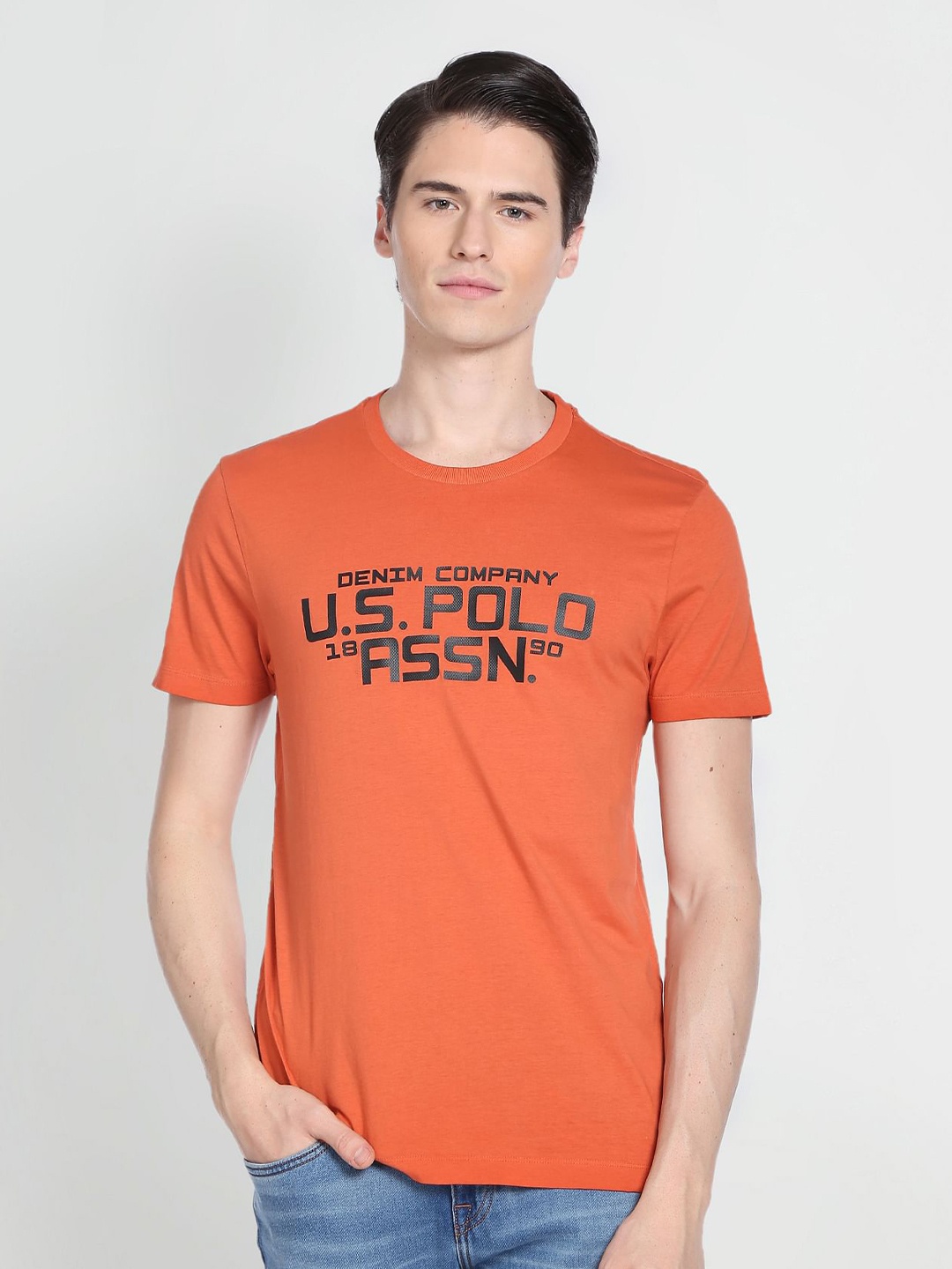 

U.S. Polo Assn. Denim Co. Typography Printed Slim Fit Pure cotton T-shirt, Orange