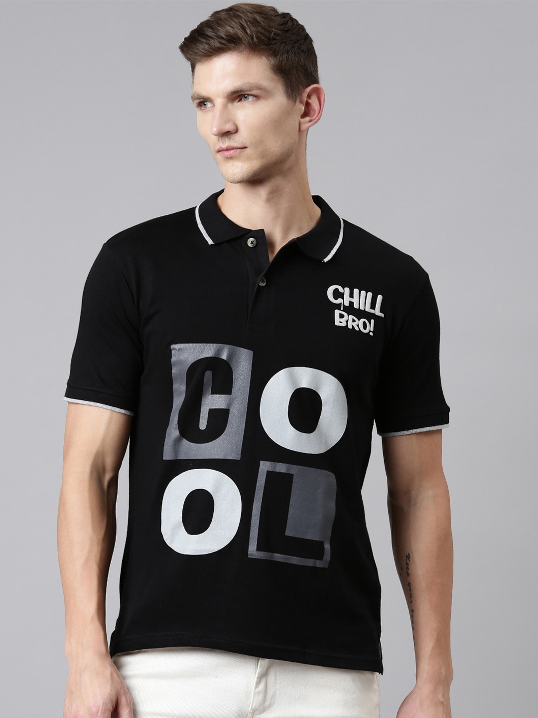 

Kryptic Typography Printed Polo Collar Cotton T-shirt, Black