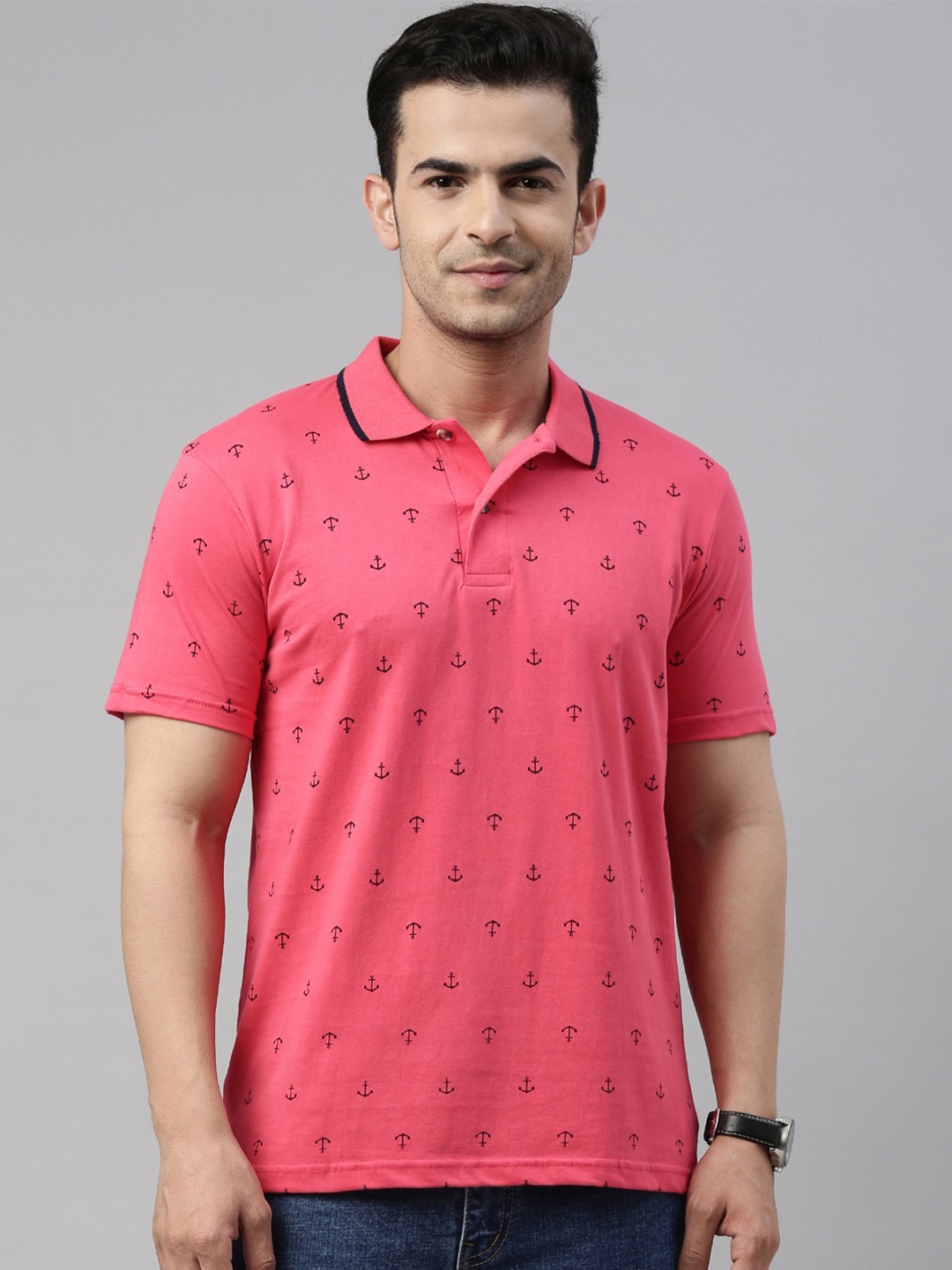 

Kryptic Printed Polo Collar Short Sleeves Cotton T-shirt, Fuchsia