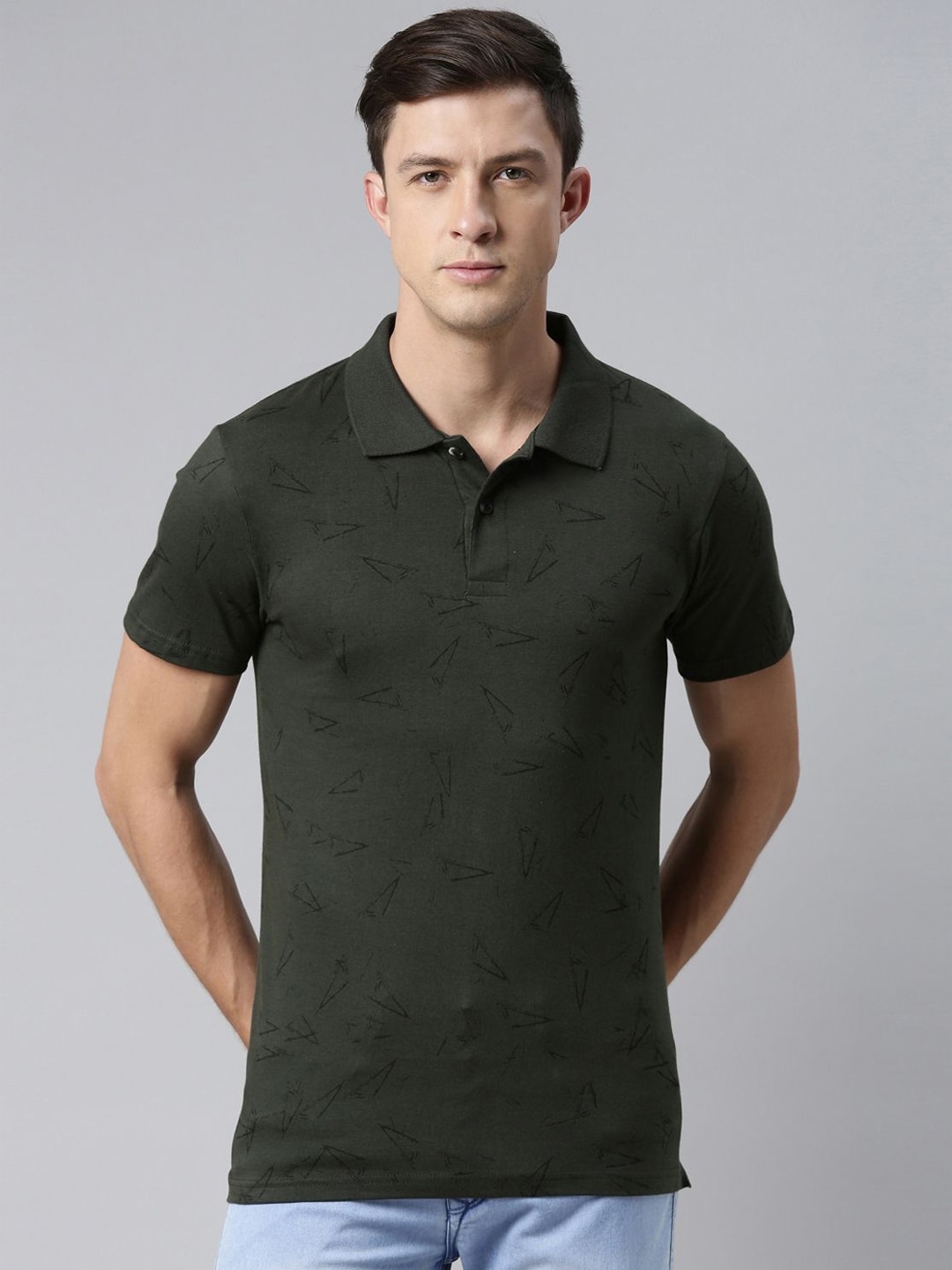

Kryptic Abstract Printed Polo Collar Cotton T-shirt, Olive