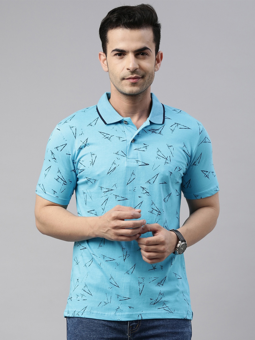

Kryptic Geometric Printed Polo Collar Cotton T-shirt, Turquoise blue