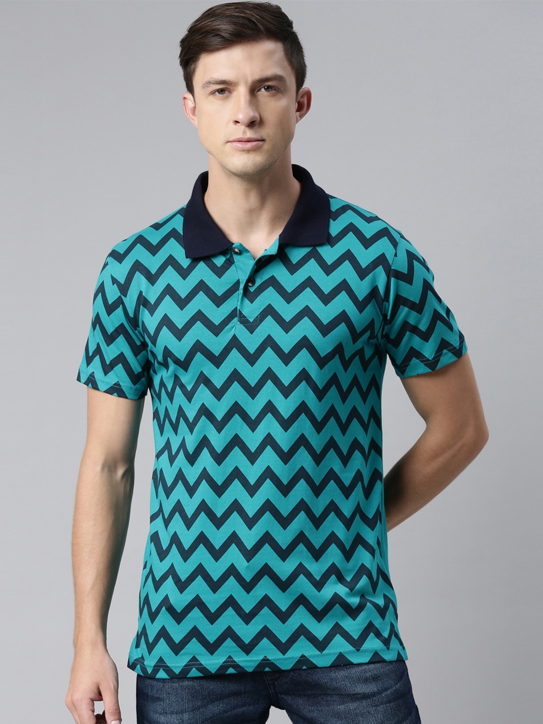 

Kryptic Geometric Printed Polo Collar Cotton T-shirt, Teal