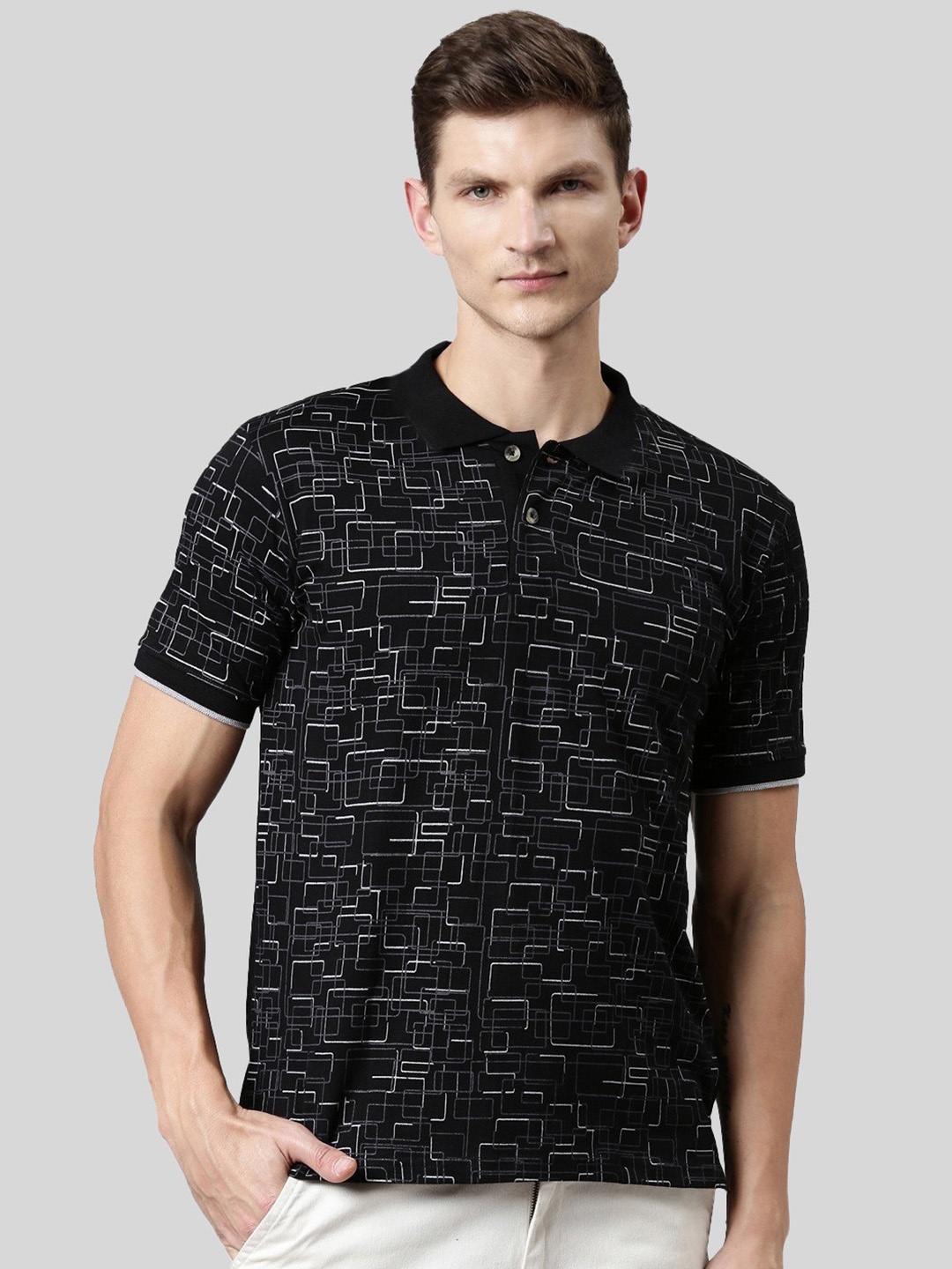 

Kryptic Geometric Printed Polo Collar Monochrome Cotton T-shirt, Black