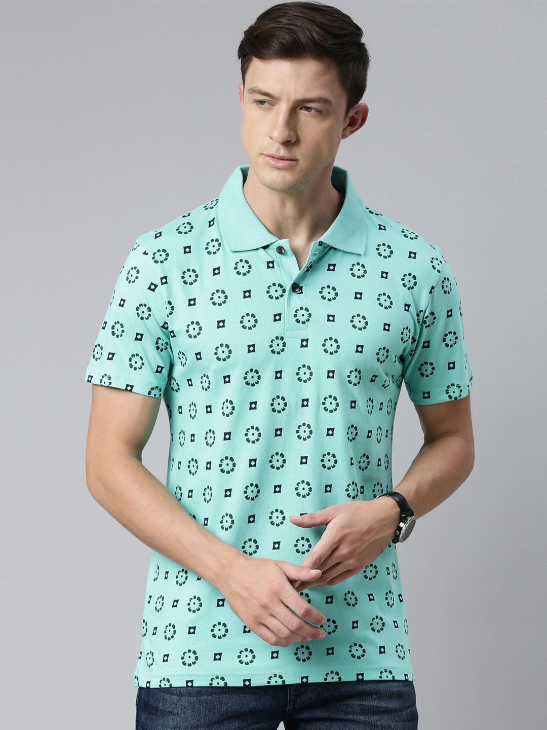 

Kryptic Floral Printed Polo Collar Cotton T-shirt, Sea green