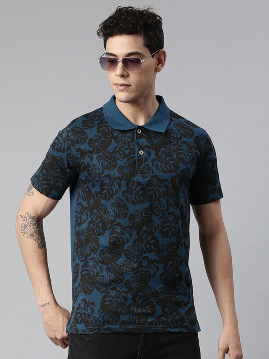 

Kryptic Tropical Printed Polo Collar Cotton T-shirt, Teal