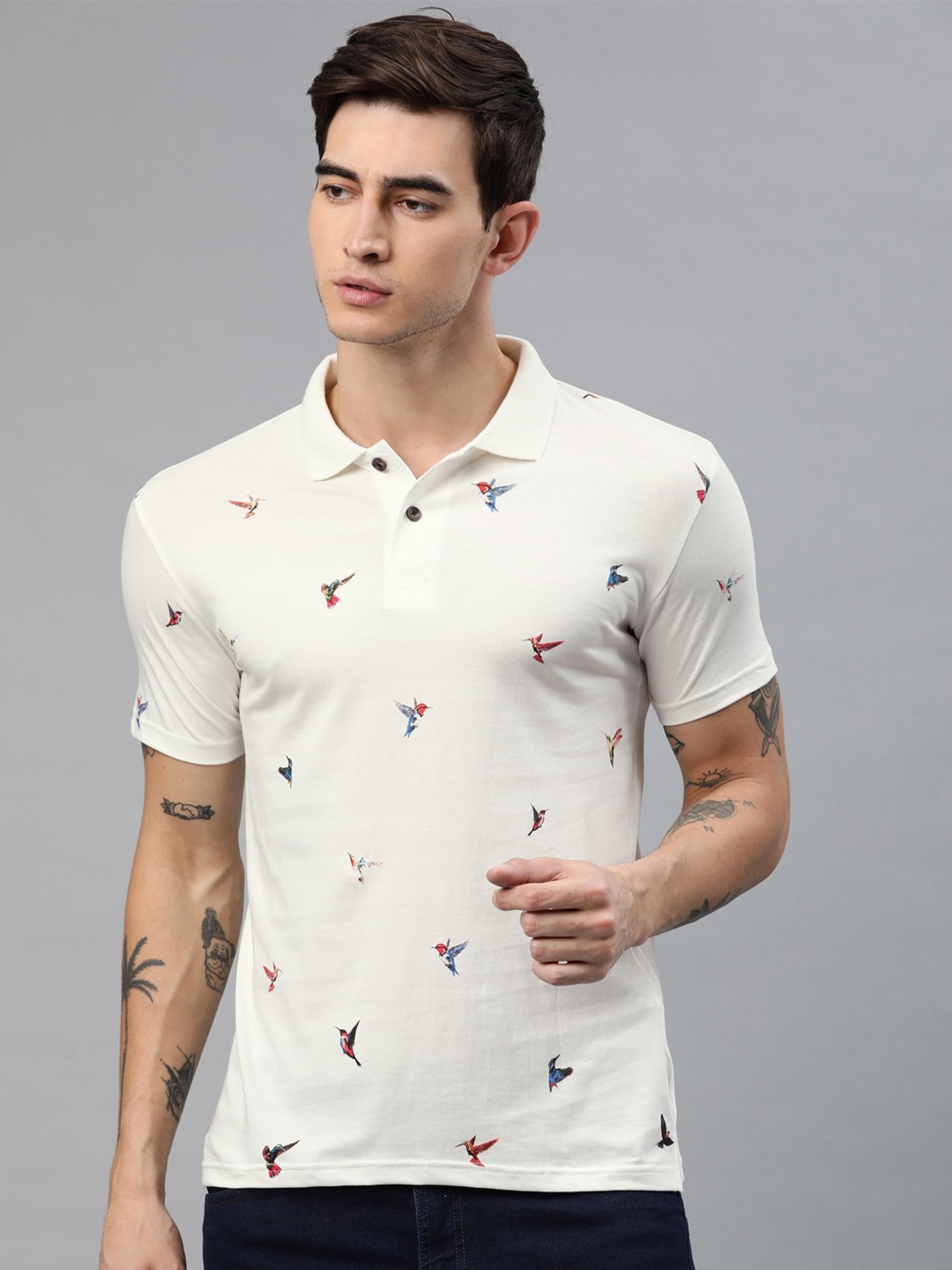 

Kryptic Men Conversational Printed Polo Collar Cotton T-shirt, Off white