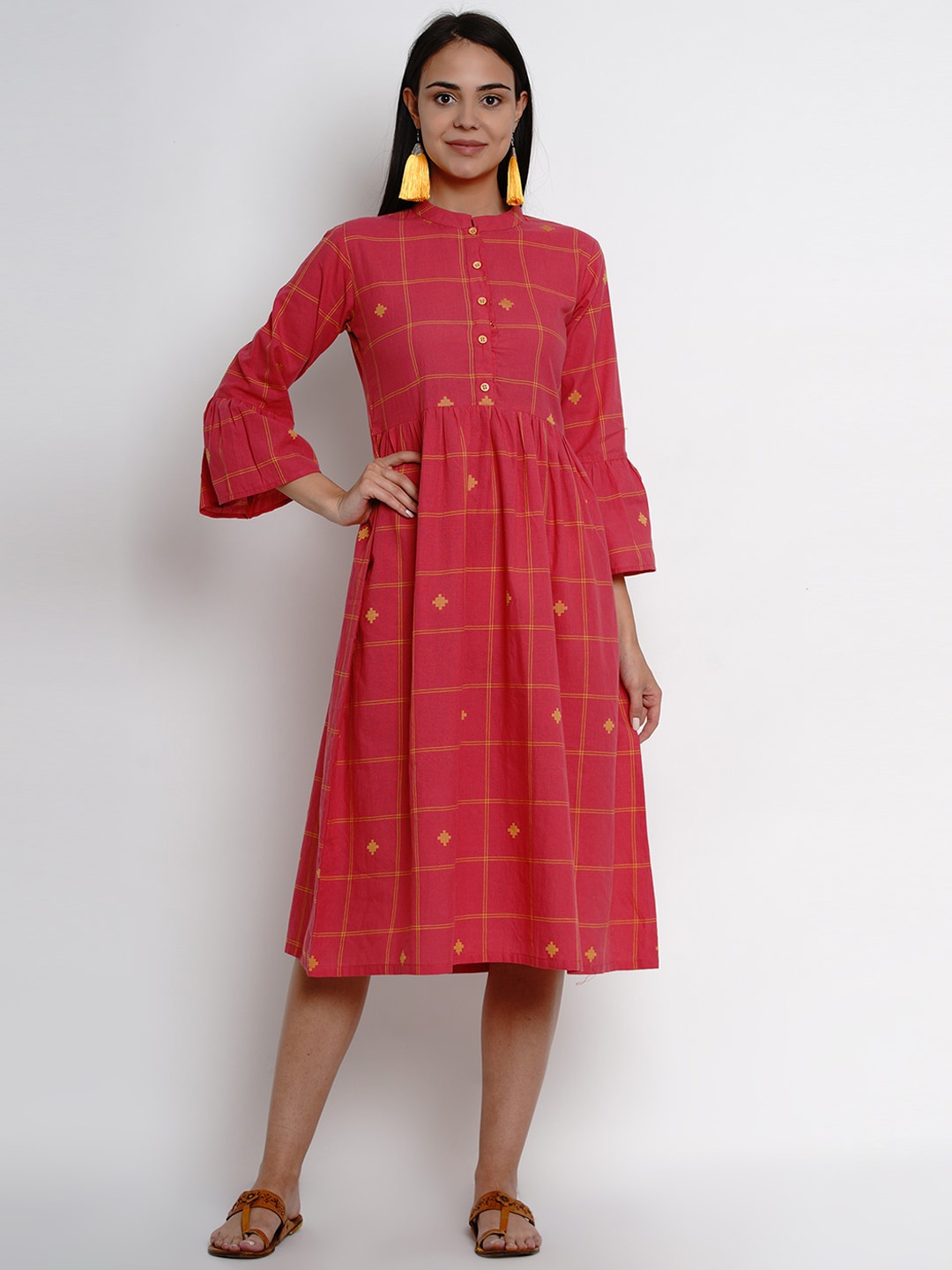 

Bhama Couture Checked Gathered Bell Sleeves Cotton A-Line Dress, Red