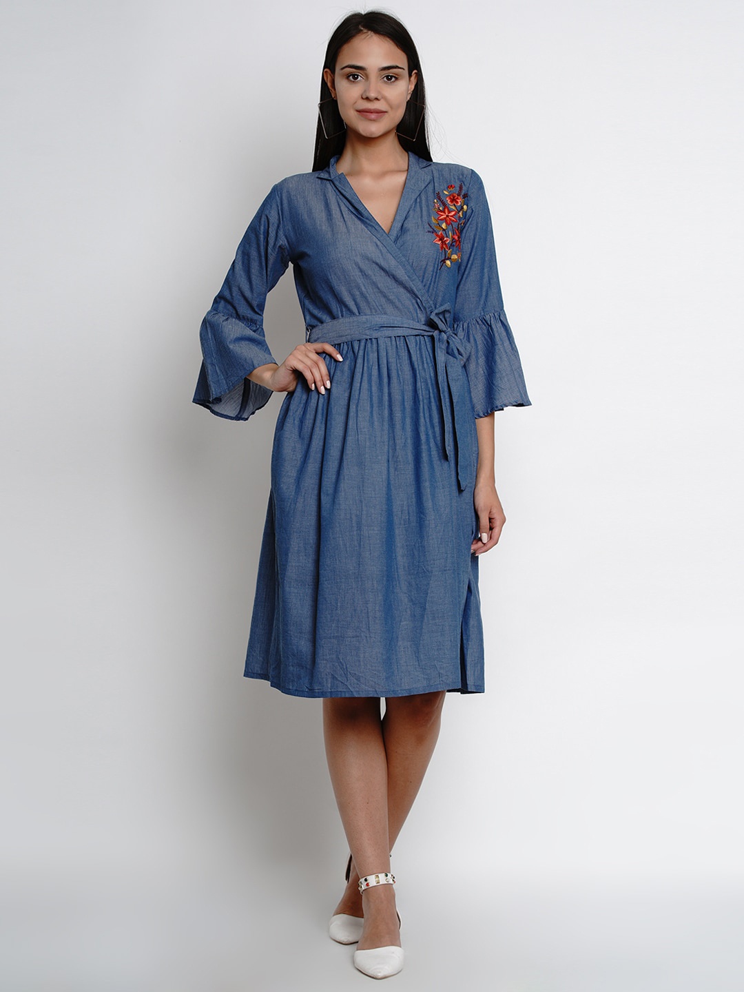 

Bhama Couture Floral Embroidered Bell Sleeves Belted Cotton Wrap Dress, Navy blue