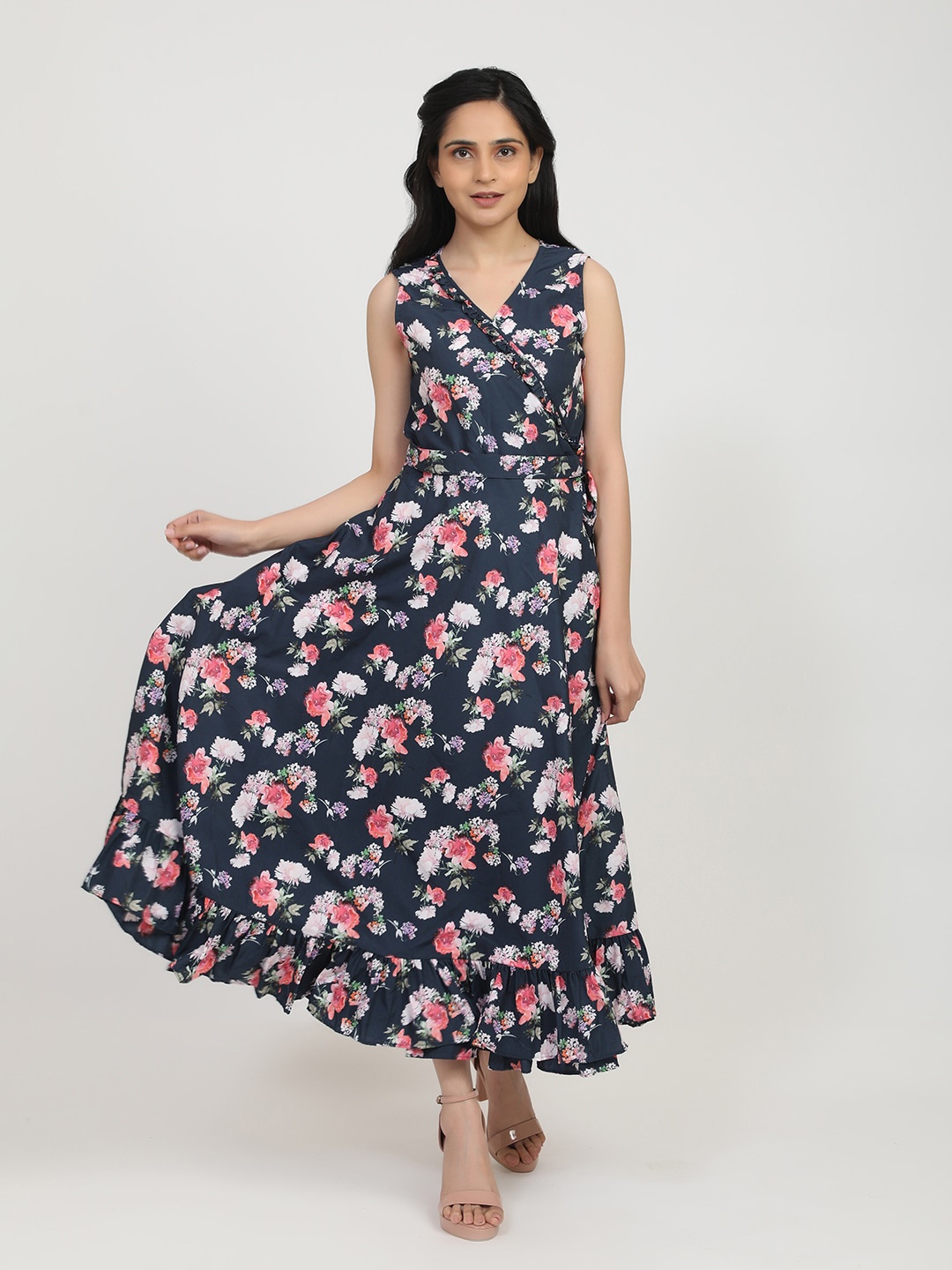 

Bhama Couture Floral Printed Belted Wrap Dress, Navy blue