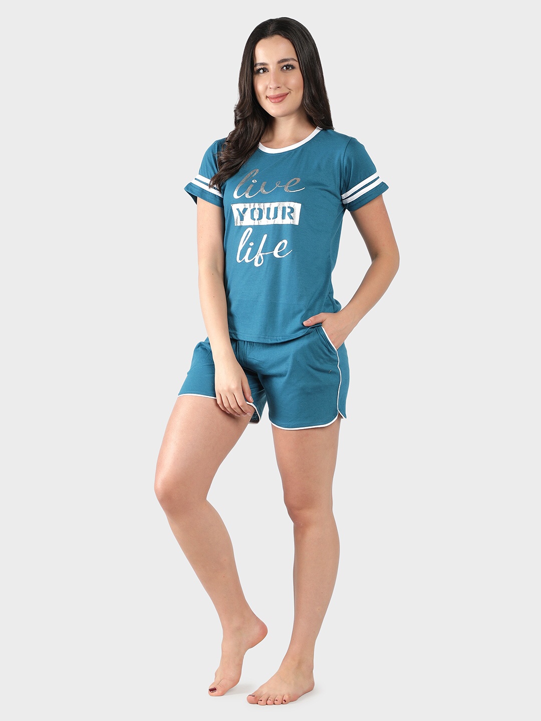 

SEPHANI Typography Printed Pure Cotton Night Suit, Teal
