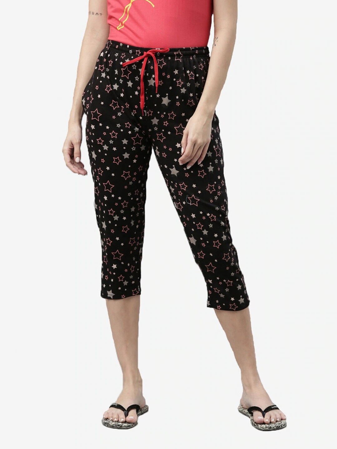 

Kryptic Women Mid-Rise Printed Cotton Lounge Capris, Black