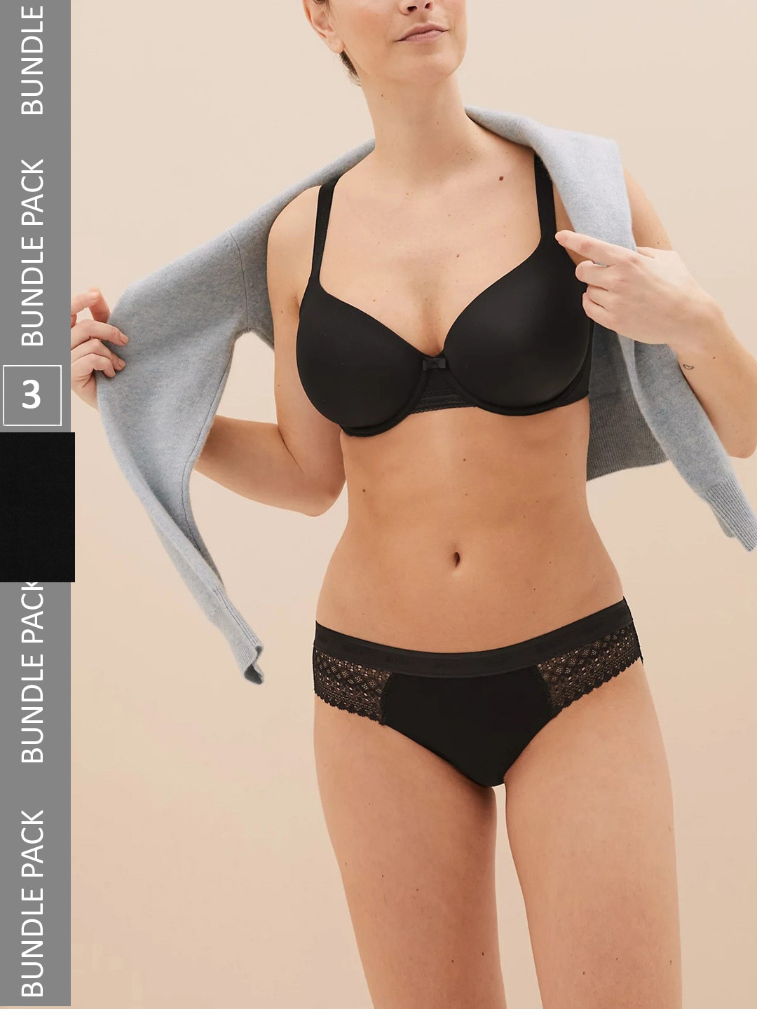 

Marks & Spencer Women Pack Of 3 Low-Rise Self-Design Bikini Briefs, Black