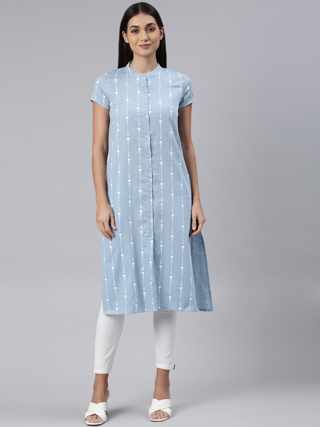 

Kryptic Striped Band Collar Straight Cotton Kurta, Turquoise blue