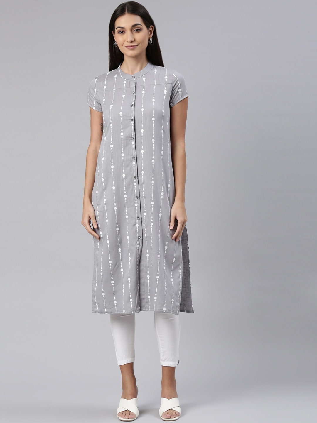 

Kryptic Striped Band Collar Straight Cotton Kurta, Grey