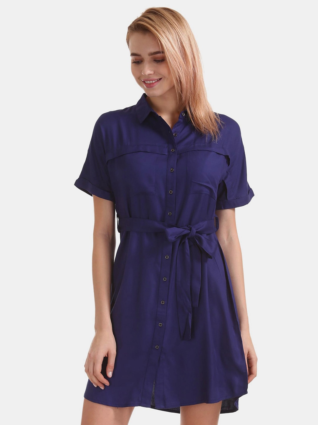

V-Mart Shirt Collar Belted Shirt Dress, Blue
