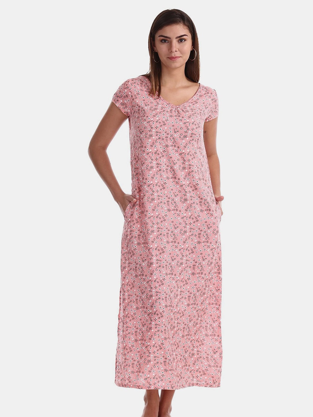 

V-Mart Floral Printed V Neck A-Line Maxi Dress, Pink
