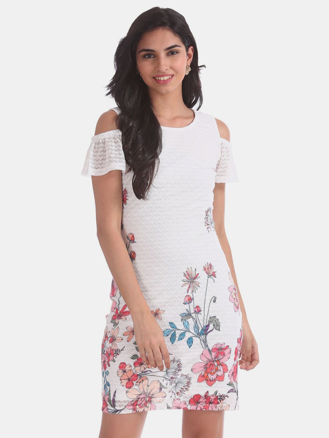 

V-Mart Floral Printed Cold Shoulder Sheath Dress, White