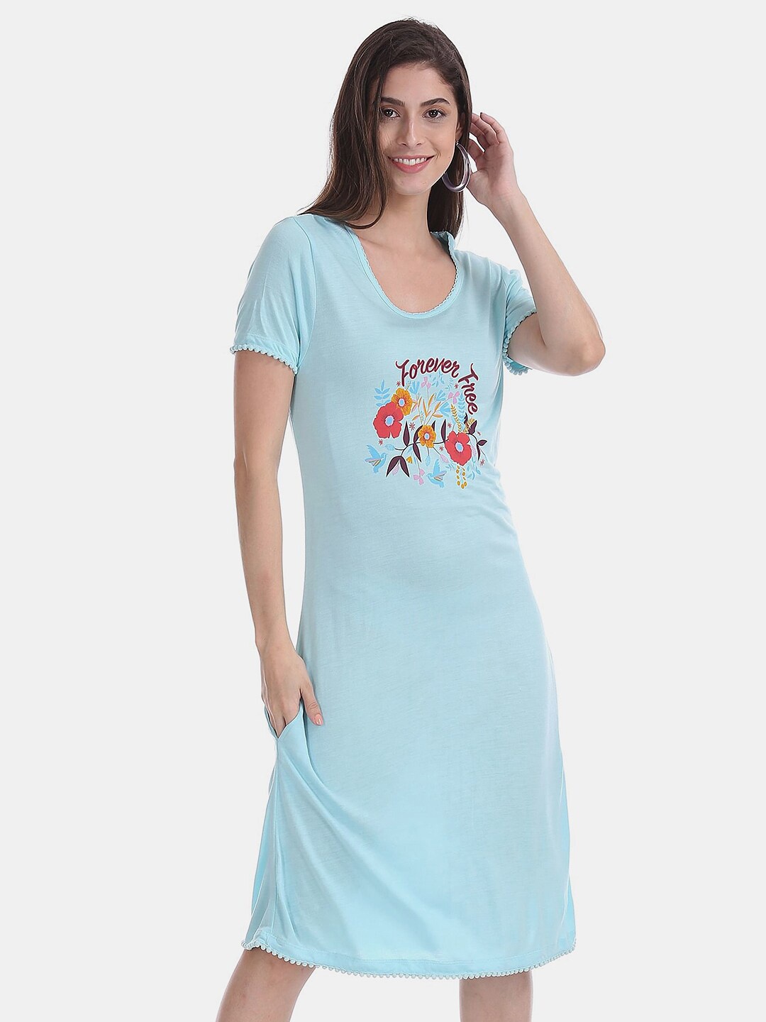 

V-Mart Women Printed Cotton Round Neck Dress, Blue