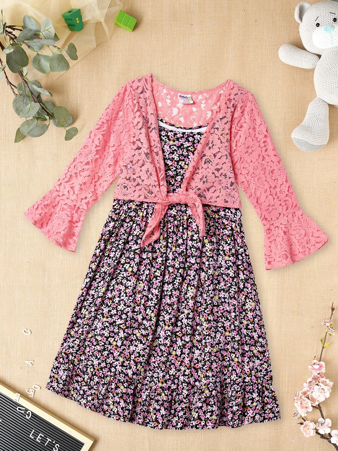 

ZION Girls Floral Printed Fit & Flare Dress With Shrug, Black