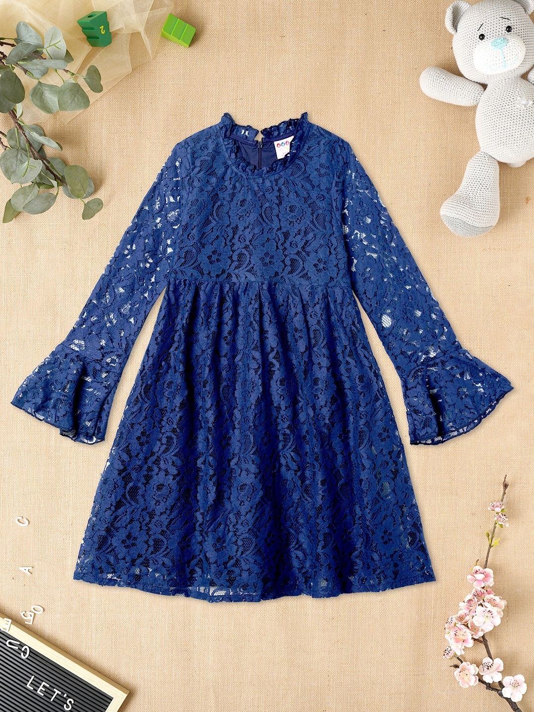 

ZION Girls Self Design Bell Sleeves Fit and Flare Dress, Navy blue