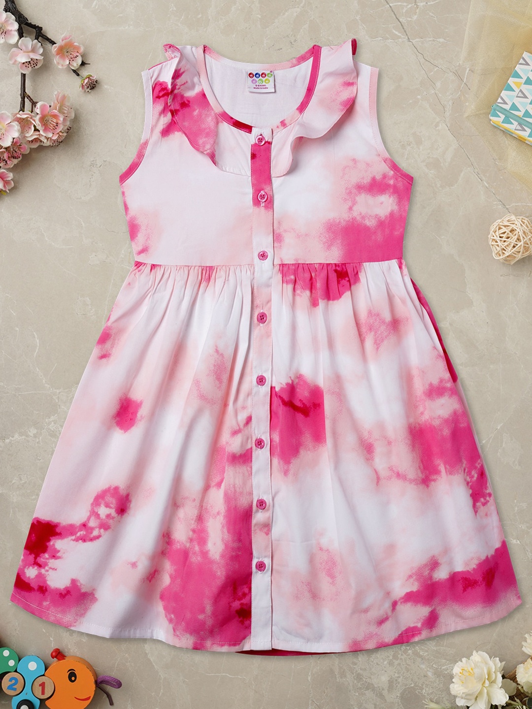 

ZION Girls Printed Round Neck Sleeveless A-Line Dress, Pink