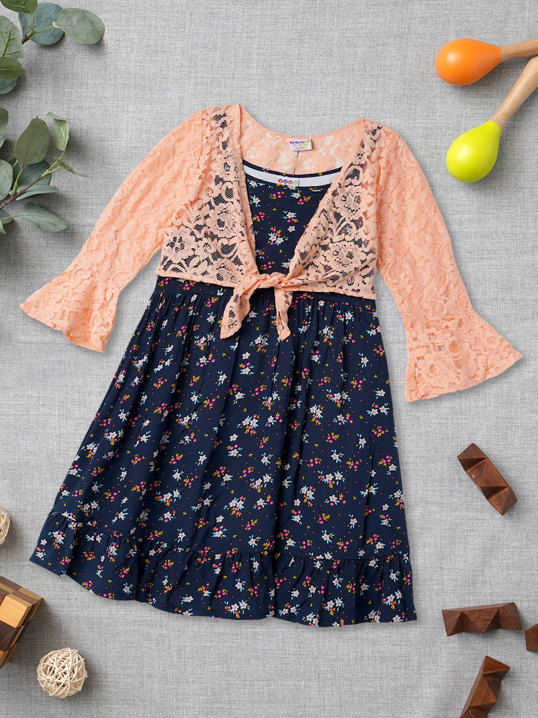 

ZION Girls Floral Printed A-Line Dress With Shrug, Navy blue