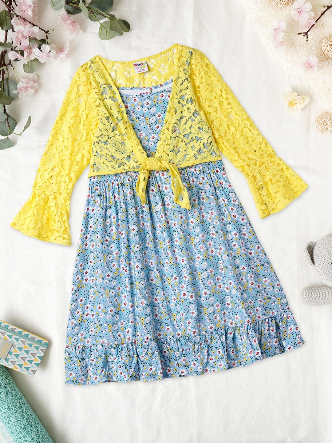 

ZION Girls Floral Printed A-Line Dress With Shrug, Blue