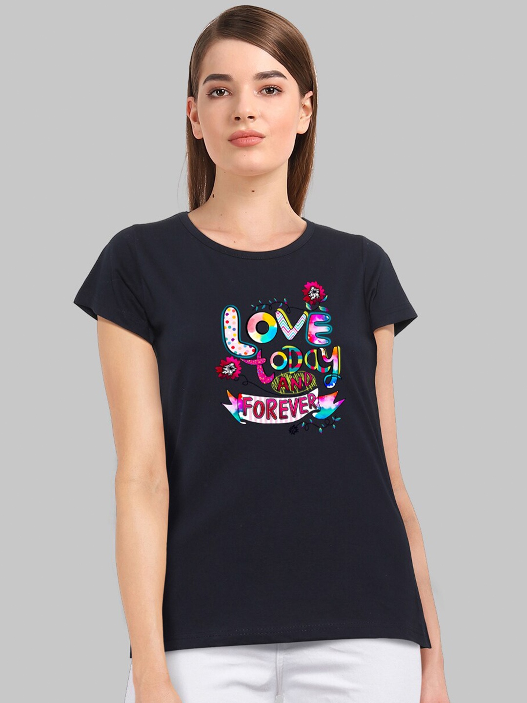 

CHOZI Women Typography Printed Bio Finish Cotton T-shirt, Navy blue