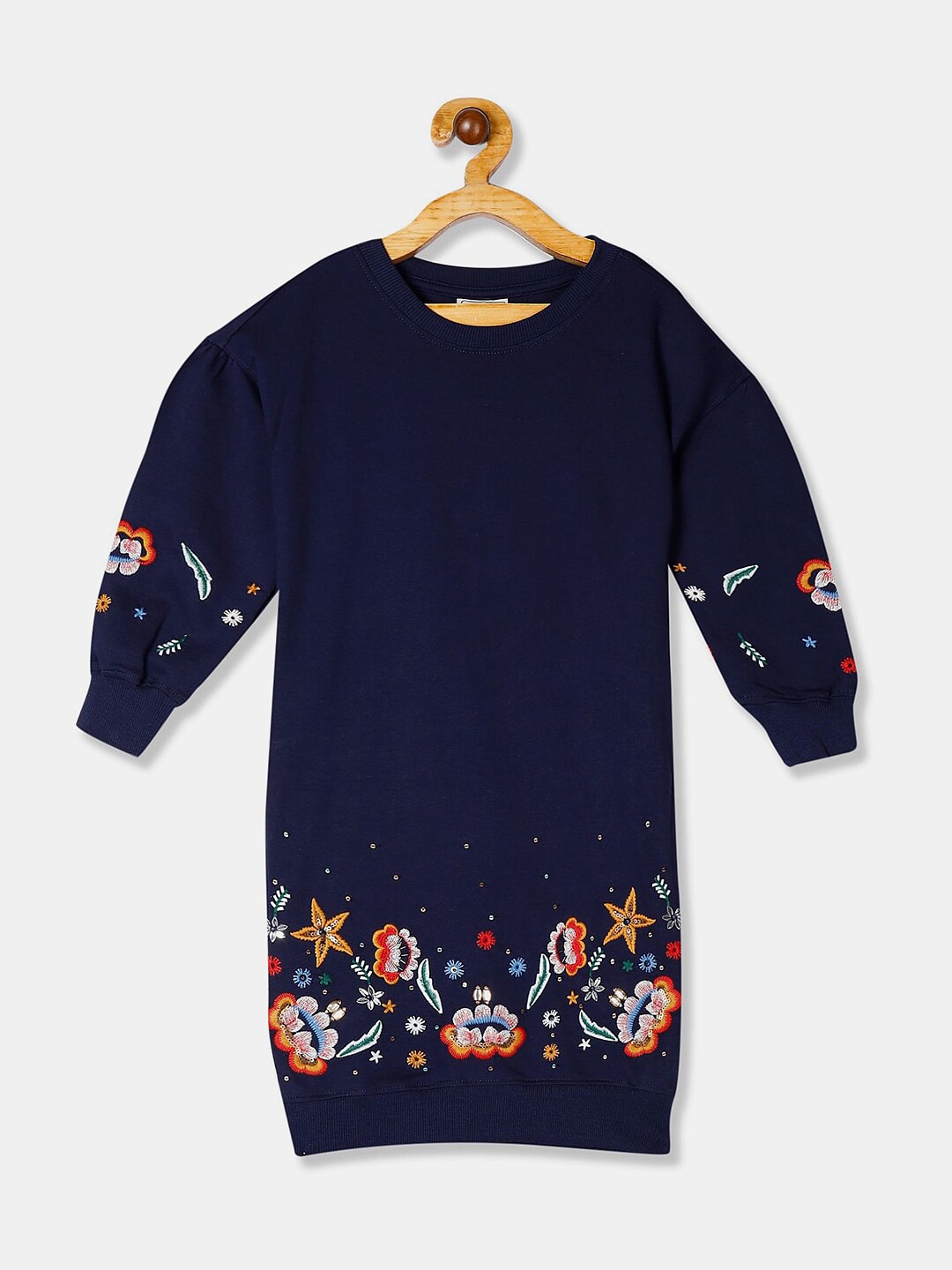 

V-Mart Girls Embroidered Puff Sleeves Cotton T-shirt Dress, Navy blue
