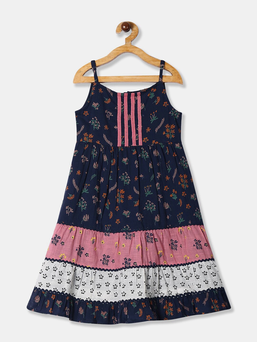 

V-Mart Girls Shoulder Straps Floral Printed A-Line Dress, Navy blue