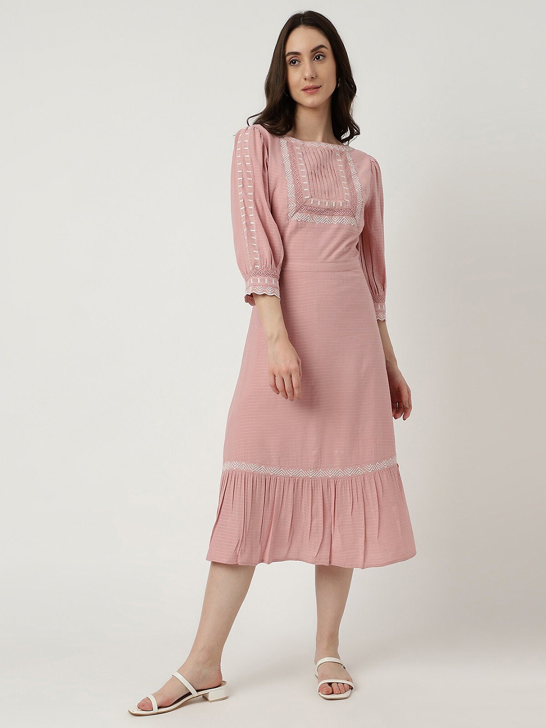 

Marks & Spencer Puff Sleeve Geometric Printed A-Line Midi Dress, Pink