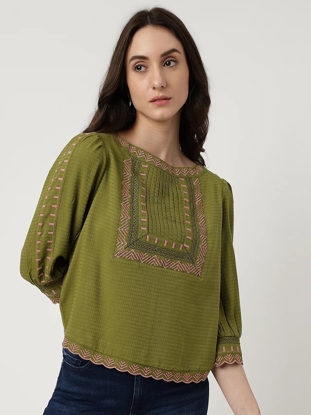 

Marks & Spencer Boat Neck Puff Sleeves Geometric Embroidered Top, Green
