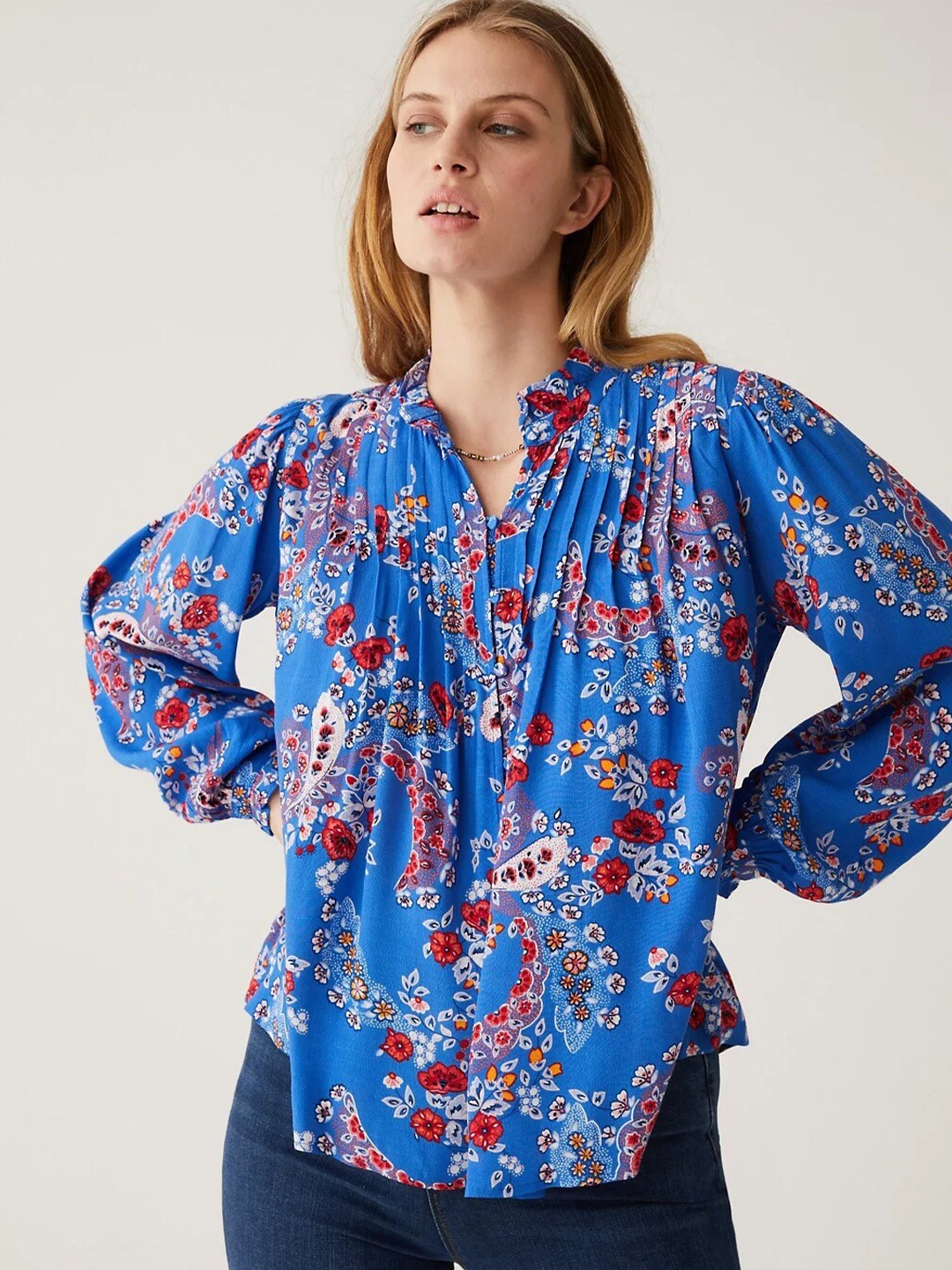

Marks & Spencer Floral Print Shirt Style Top, Blue