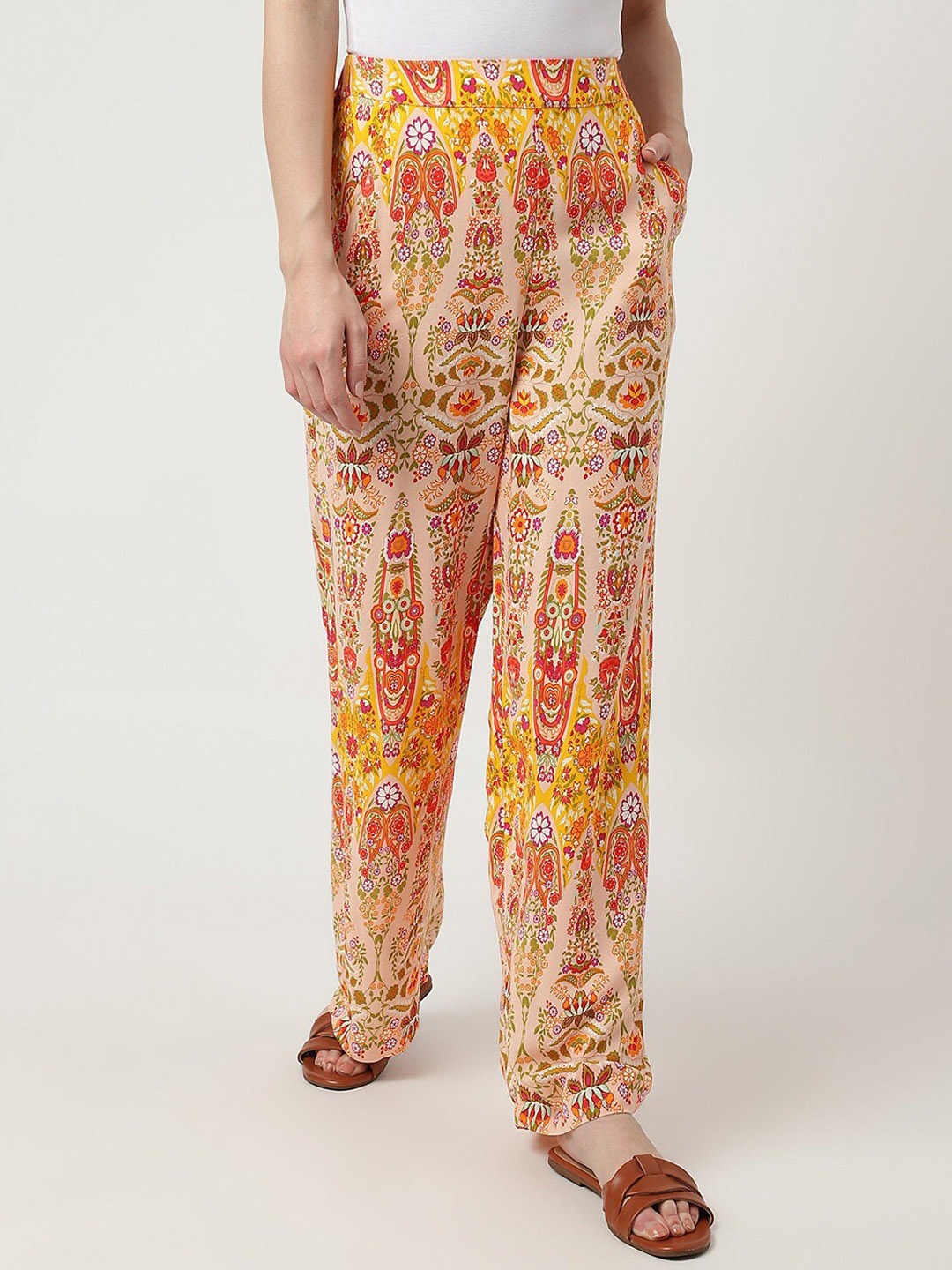 

Marks & Spencer Women Ethnic Motifs Printed Straight Fit High-Rise Trousers, Peach