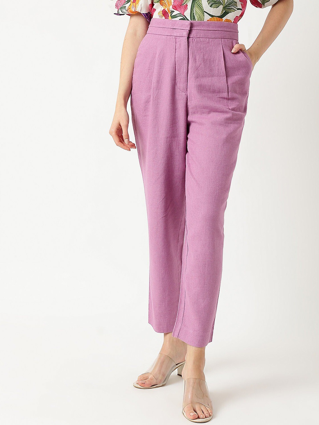 

Marks & Spencer Women Linen Tapered Fit High-Rise Pleated Trousers, Pink