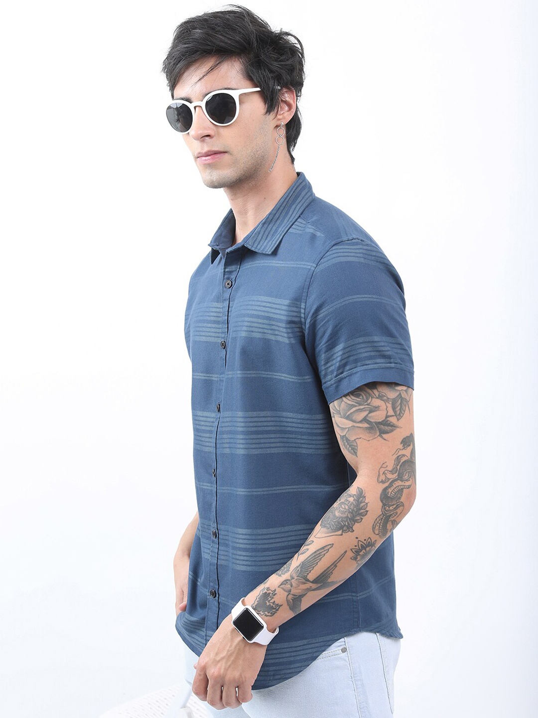 

HIGHLANDER Slim Fit Horizontal Stripes Striped Casual Shirt, Blue