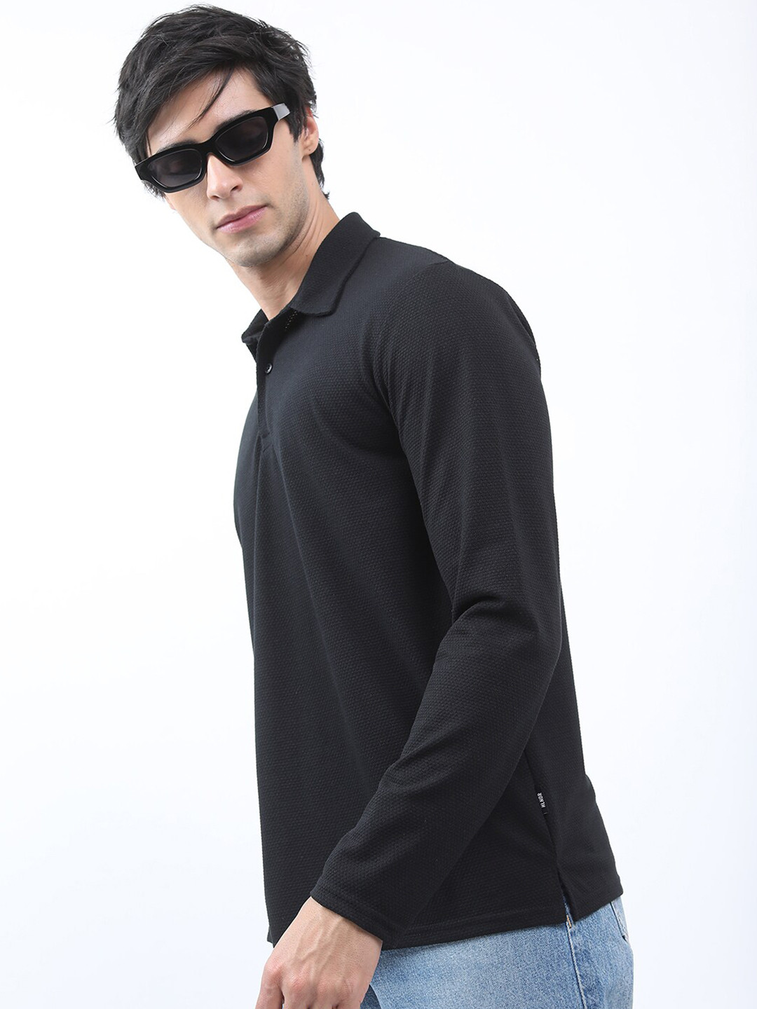 

HIGHLANDER Men Popcorn Structured Regular Fit Polo Collar Long Sleeve T-shirt, Black